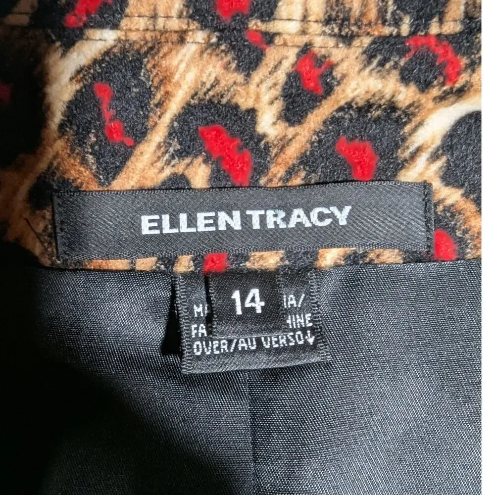 Vtg Y2K Ellen Tracy Brown Red Leopard Print Wool Cropped Swing Jacket Sz 14